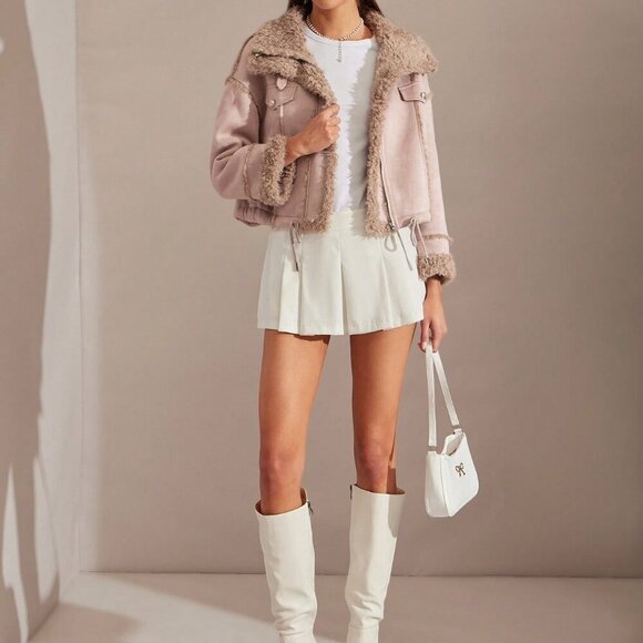 Jackets & Blazers - Mauve Purple Casual Women's Loose Drawstring Hem Faux Fur Trim Short Jacket